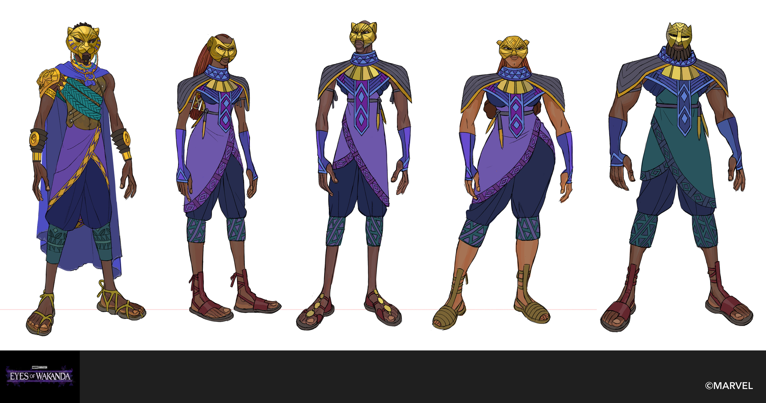 Five Lion team warriors in gold lion masks and layered violet wraps, standing in a row.