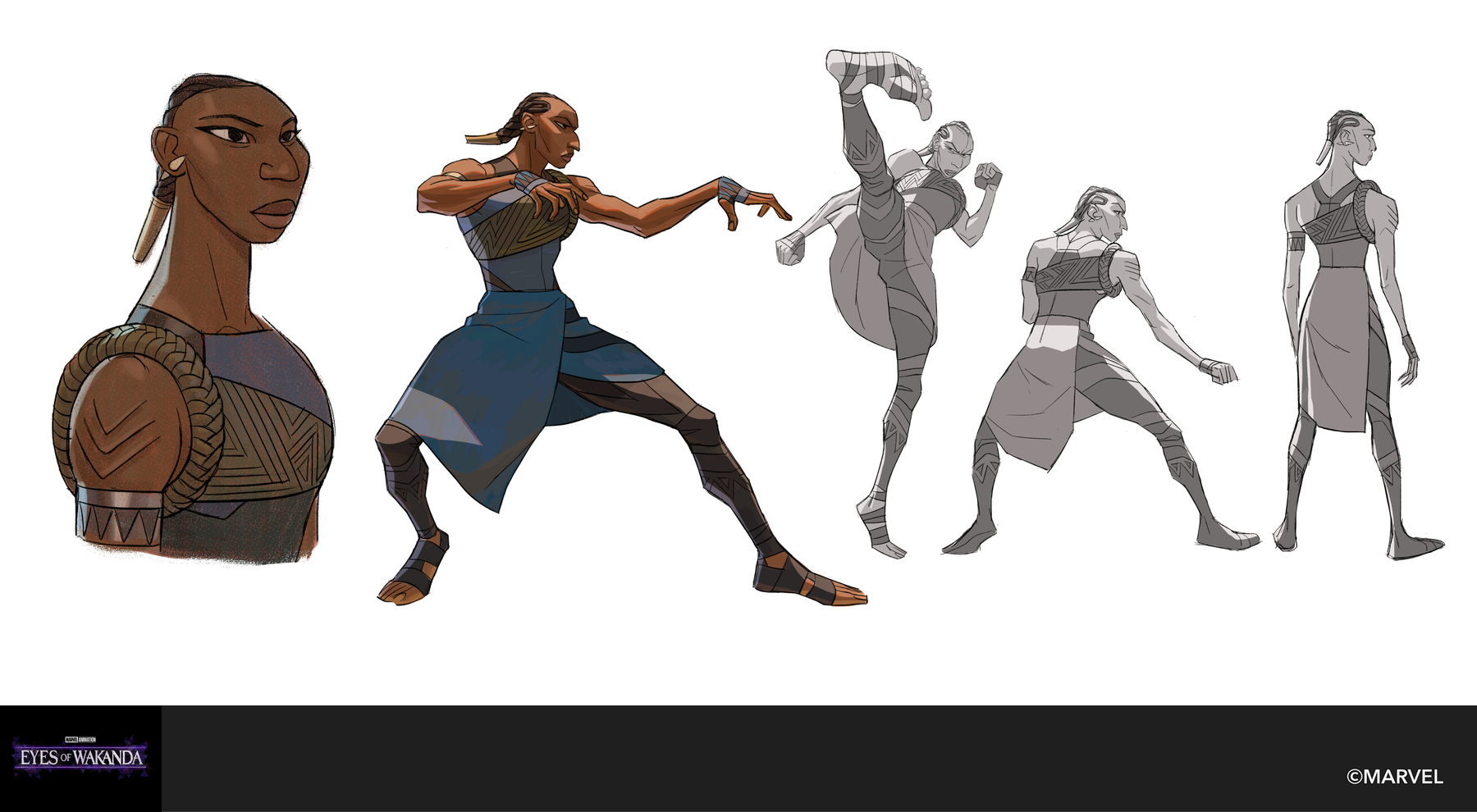 Noni: a portrait bust, a fighting stance in a blue wrap, and three grey action studies.