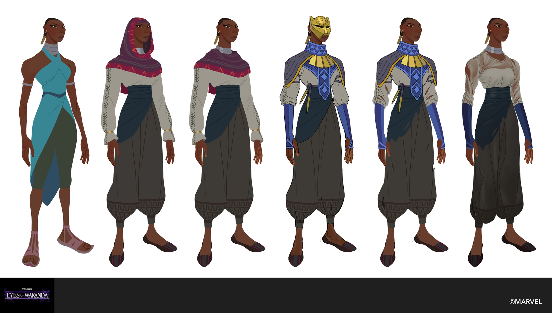 Five costume passes on Noni: teal wrap, hooded cloak, mask and collar, pale robe, layered skirt.