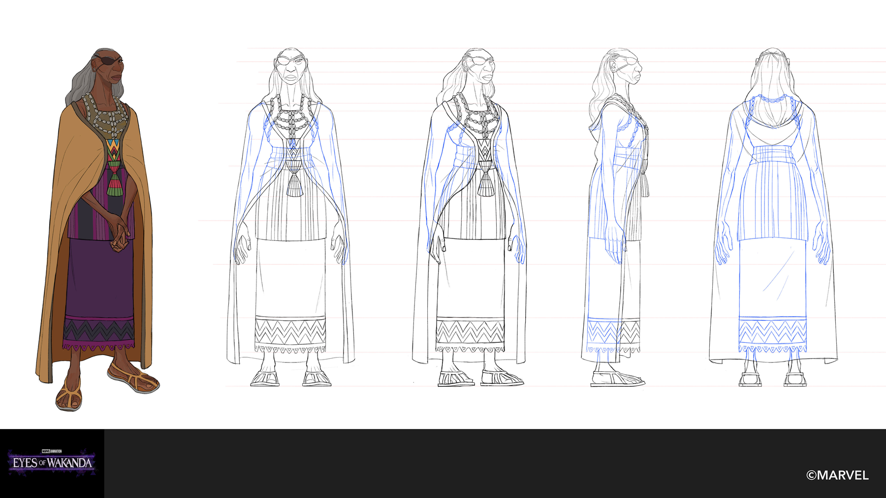 An older Noni in an ochre cloak and violet skirt, with four white construction turnarounds.