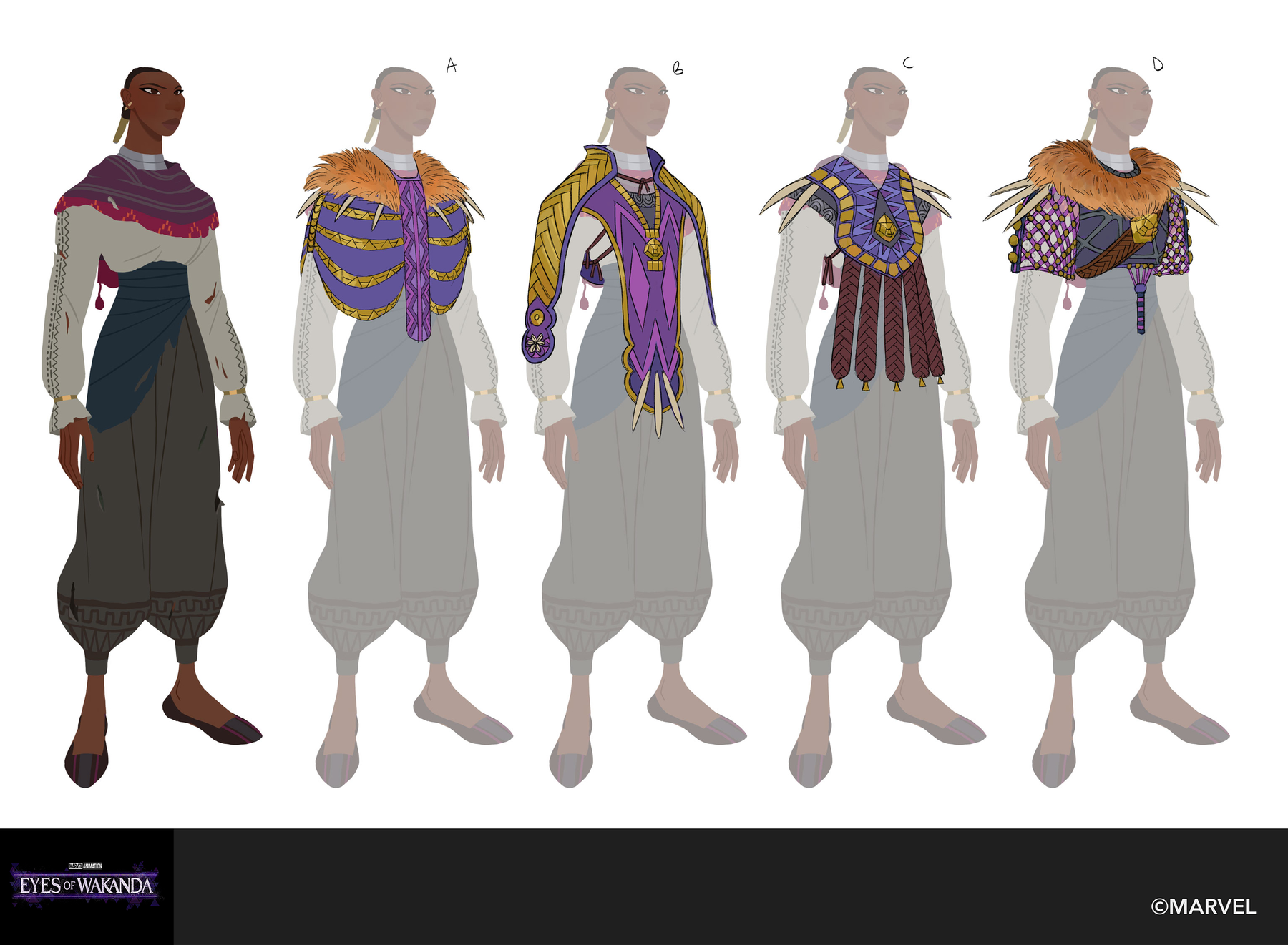 Five travelling-costume variants built on grey mannequins with fur collars, beads and wraps.