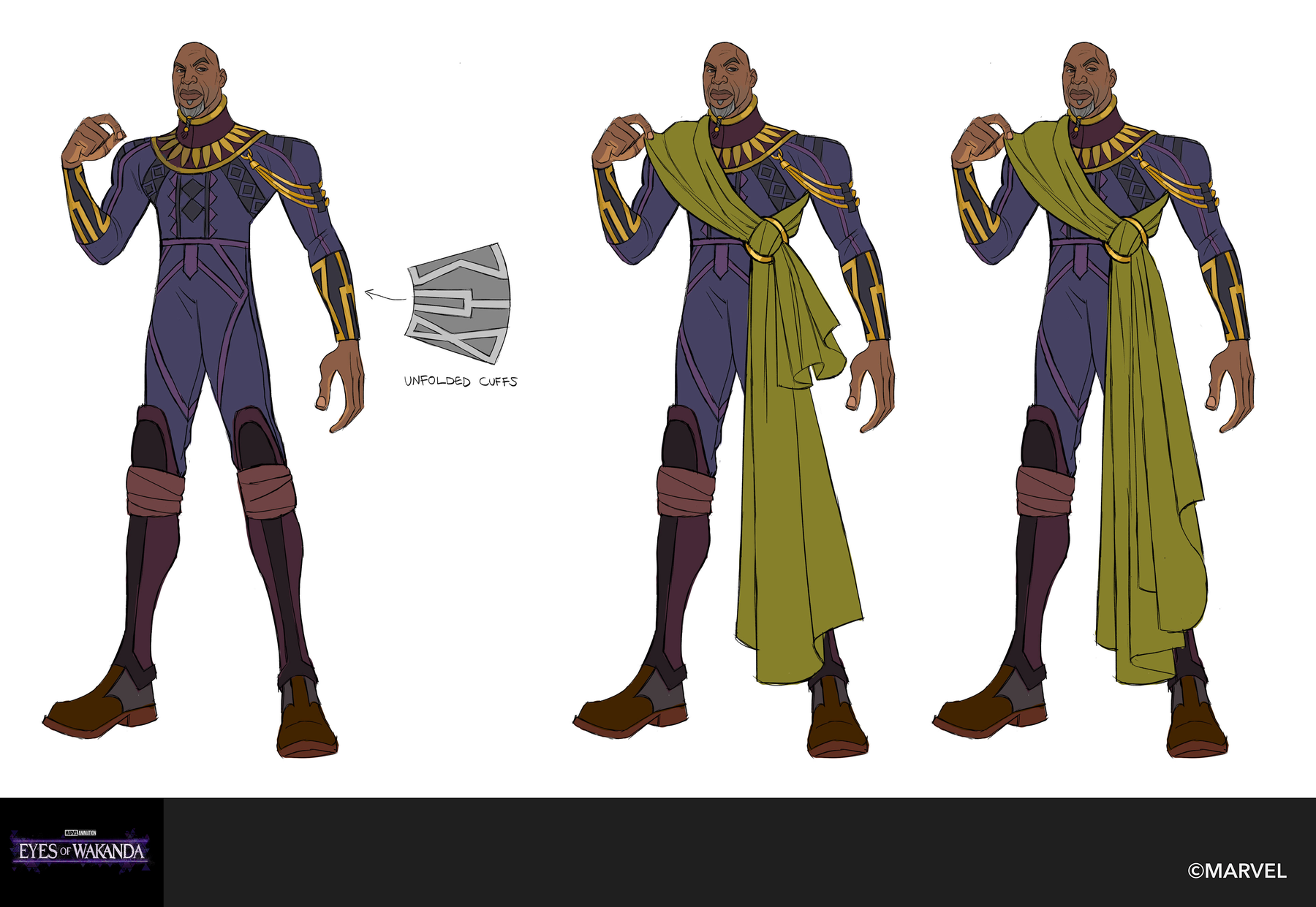 A high councilman: base bodysuit, a mask study, three olive and violet draping variants.