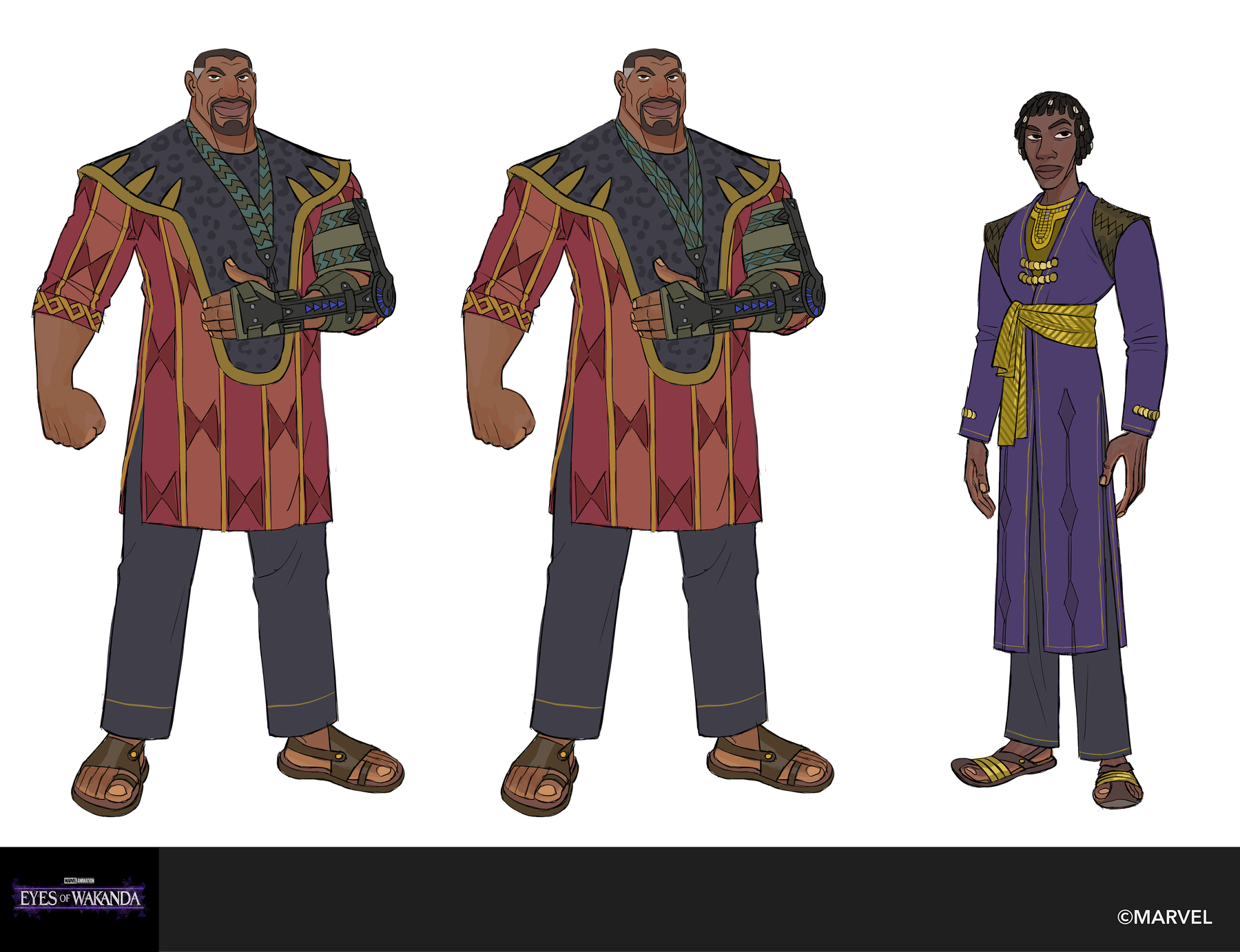 Kuda, a broad man in a red and blue panelled tunic, drawn twice, with a slimmer youth in violet.