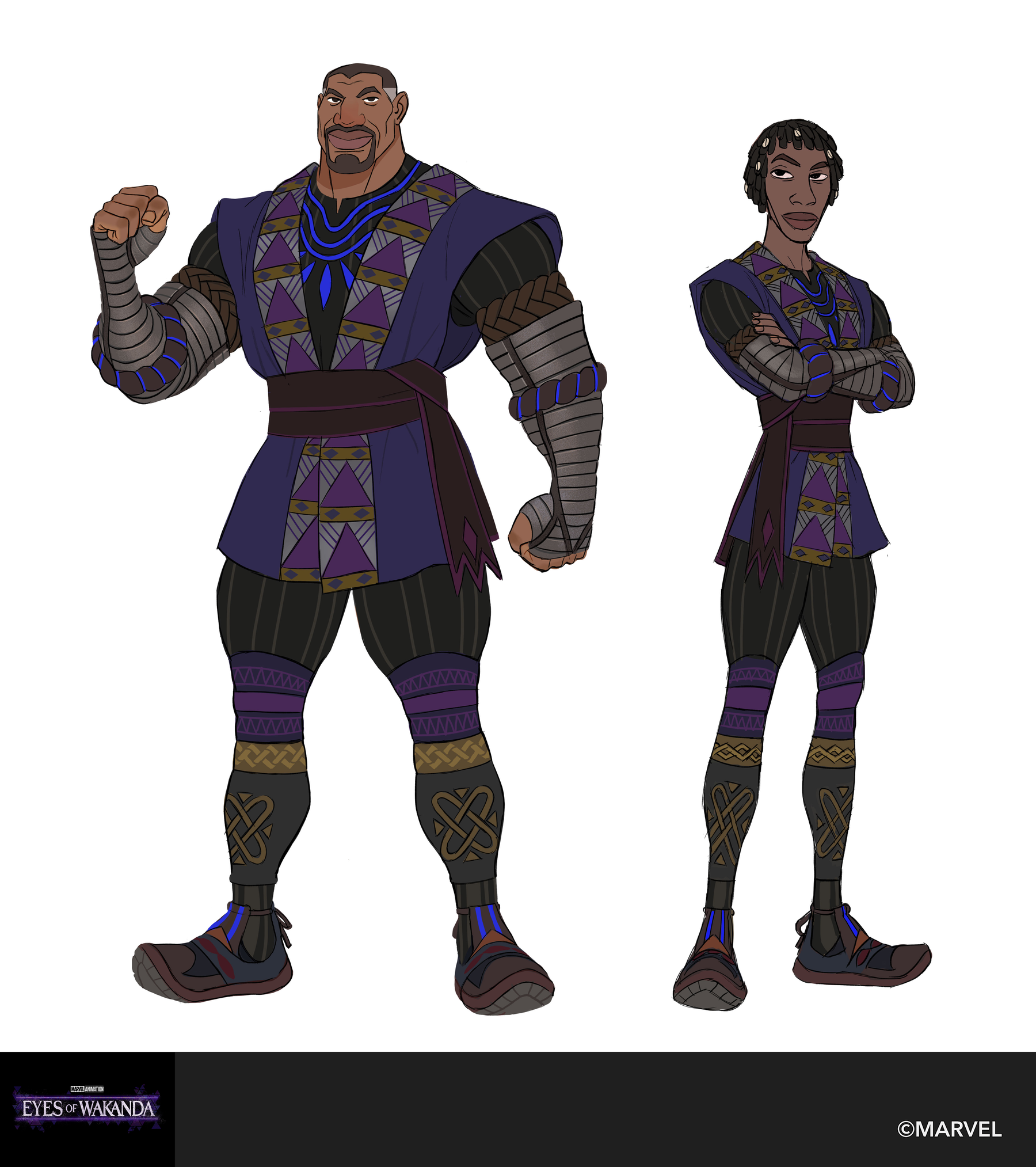Tafari in violet armour with a metal vambrace, standing with a younger figure.