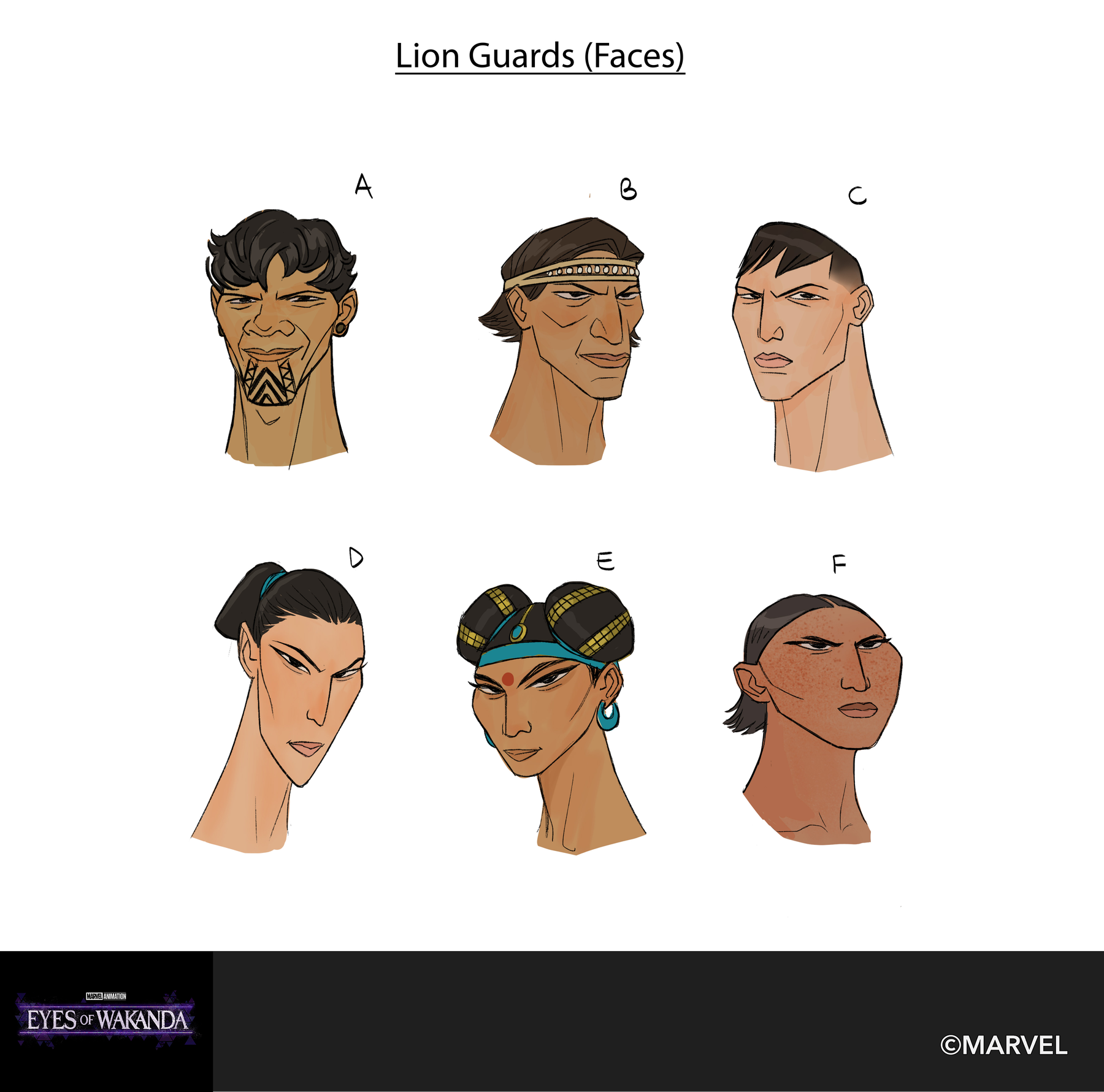 Six lion guard head studies with different hairlines, scars and headbands.
