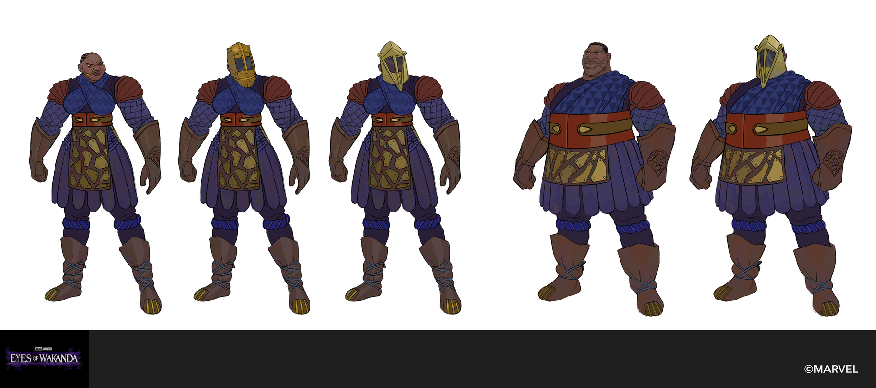Five armoured chain makers in helmets and studded leather, front and back.