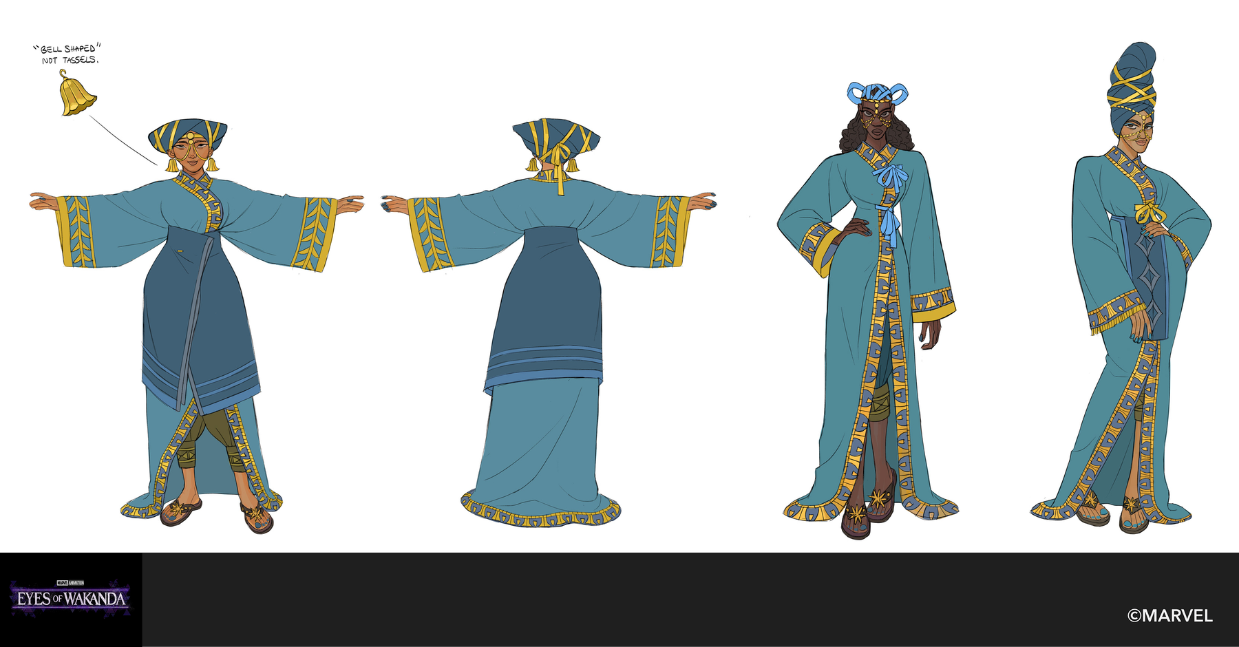 Four figures in pale blue robes and gold headdresses.