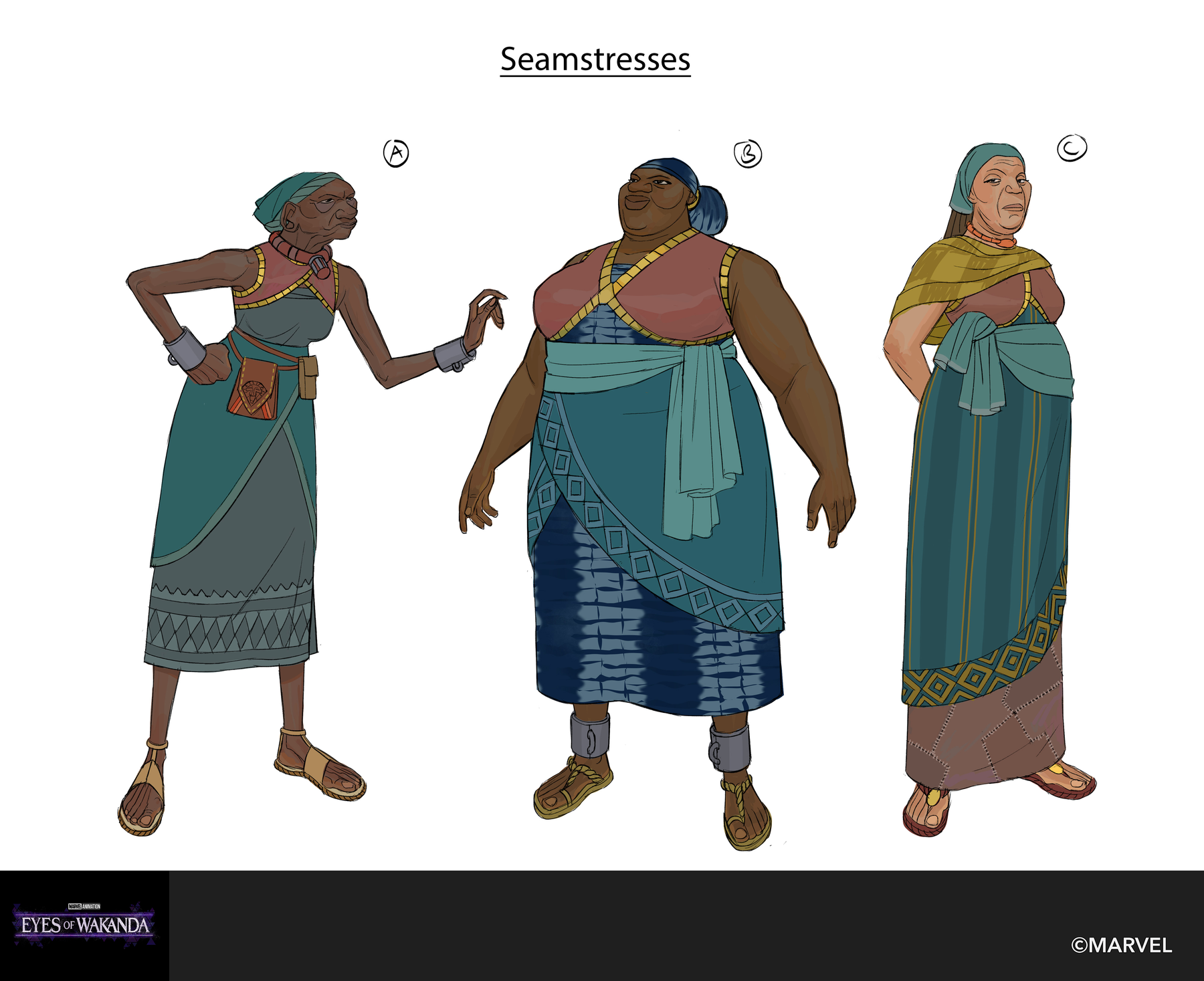 Three seamstresses in teal and gold wraps, of different ages and builds.