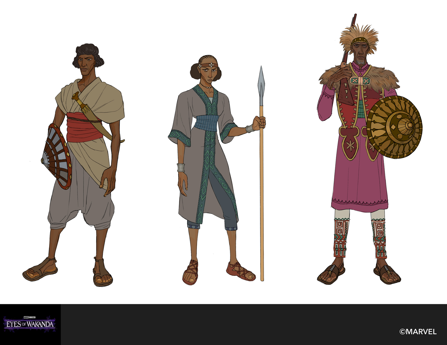 A shield bearer, a spearman in a grey robe, and a commander with a gold disc shield.