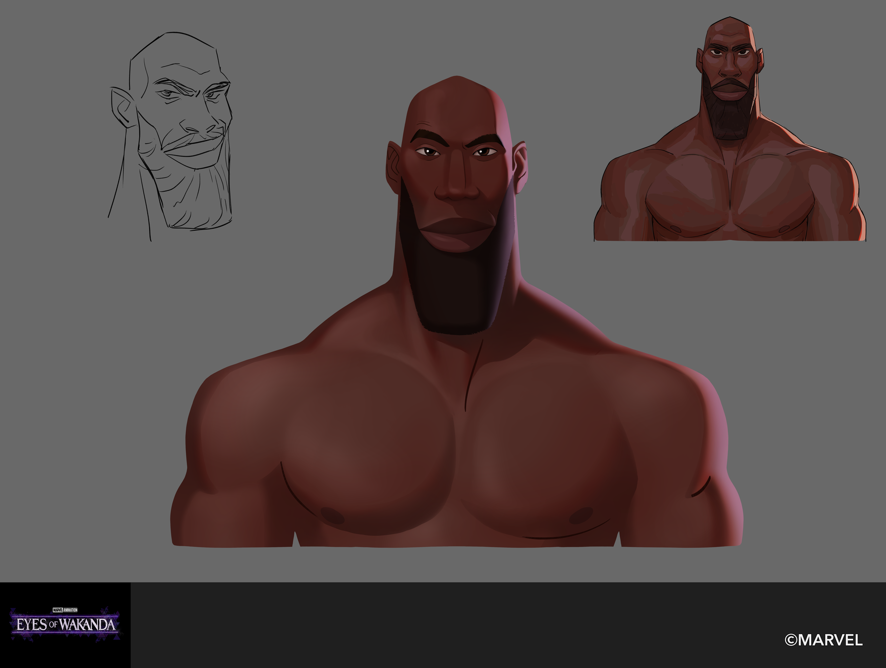 A rendered bald warrior bust in warm light, with the line drawing it came from.