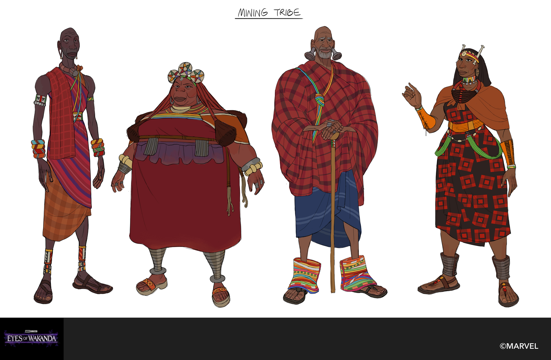 Four mining tribe figures in red checked cloth, beads and heavy sandals.