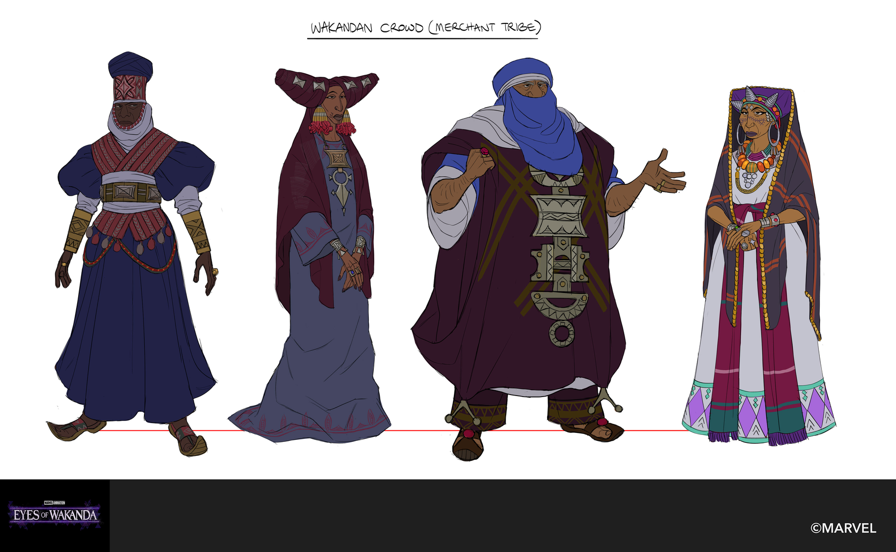 Four merchants in deep blue and plum robes, one veiled.