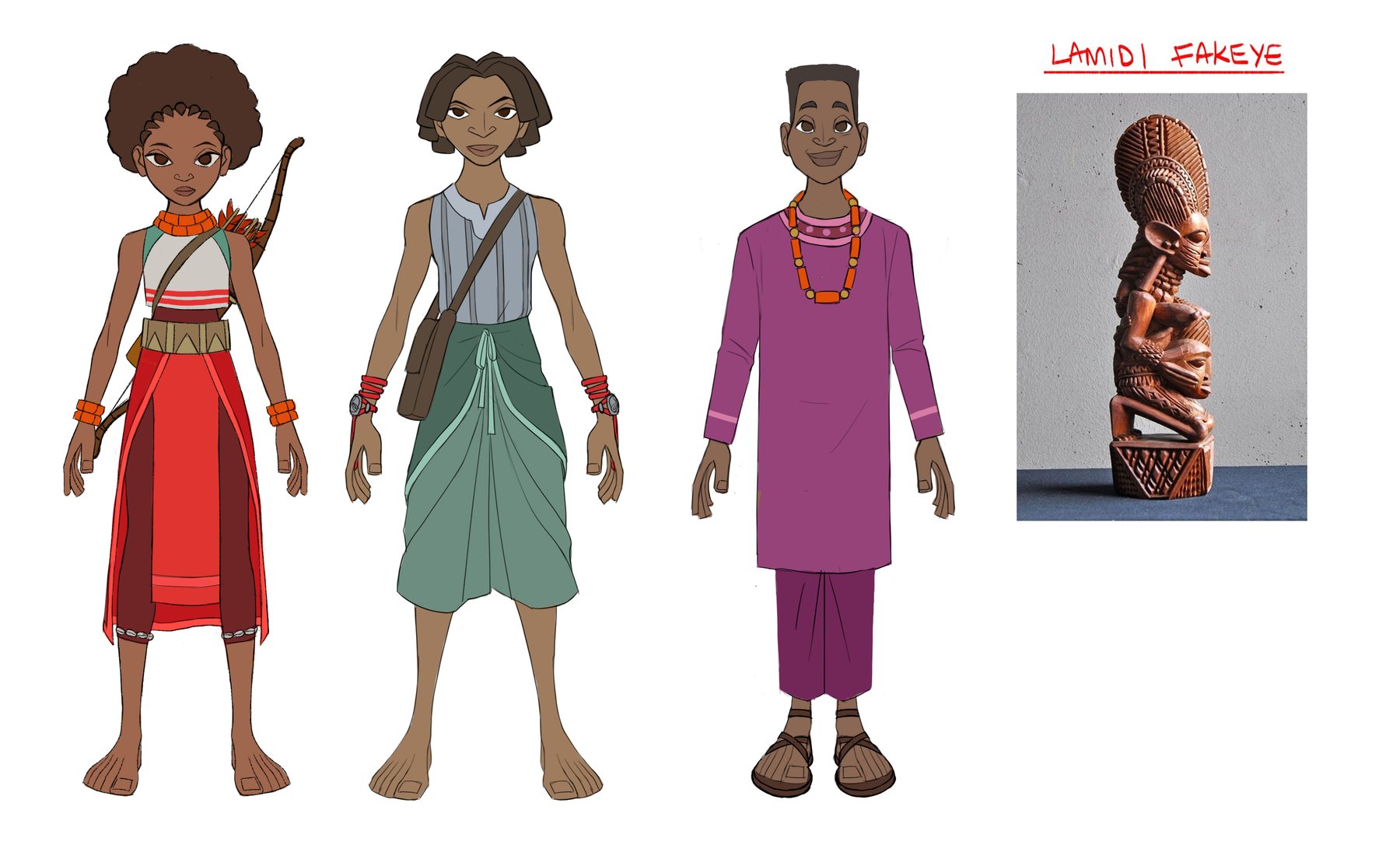 Three young Yoruba characters beside a photograph of a carved Lamidi Fakeye figure.