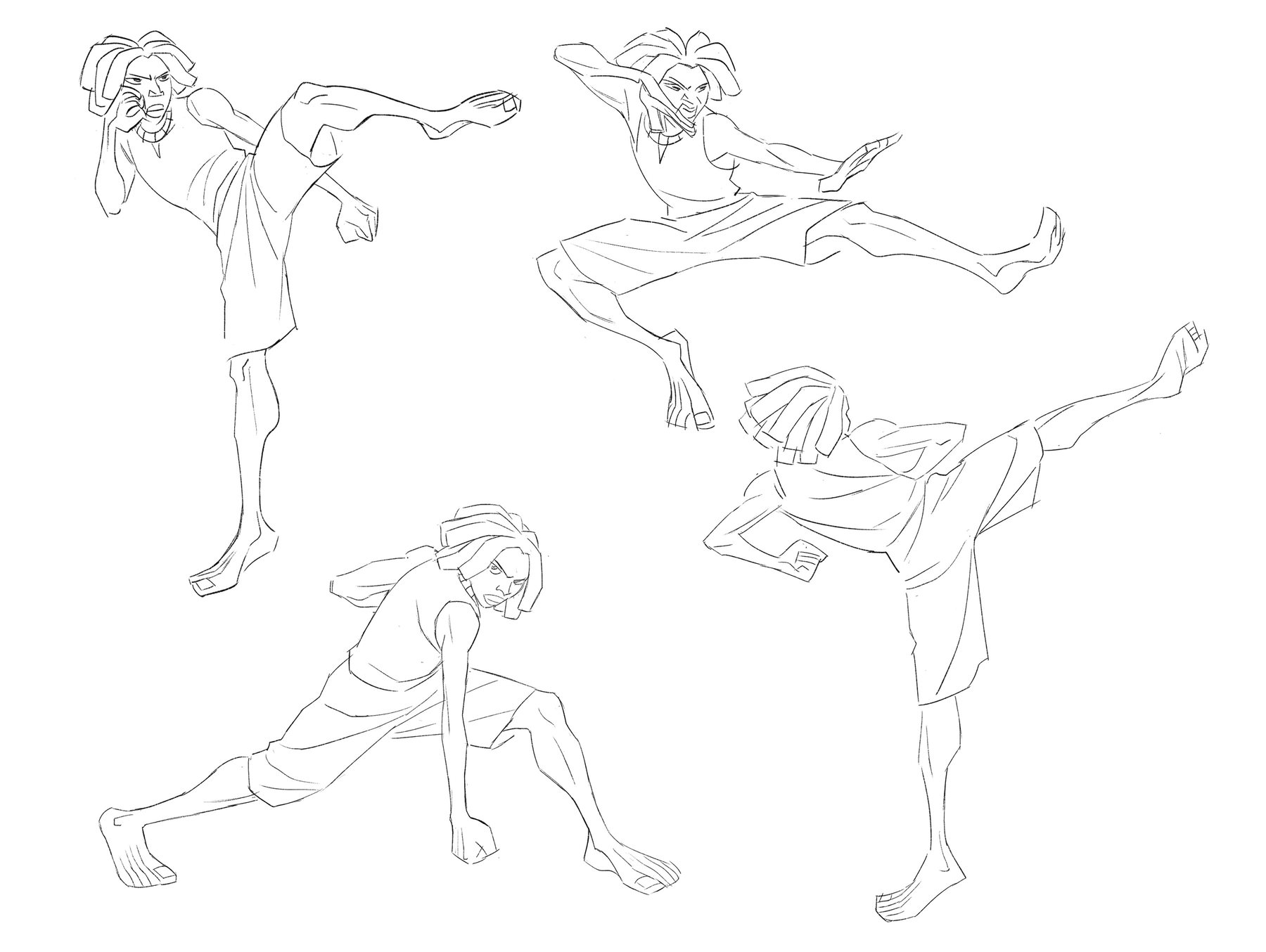 Four line studies of Biyi in motion: a high kick, a leap, a low lunge, a running turn.