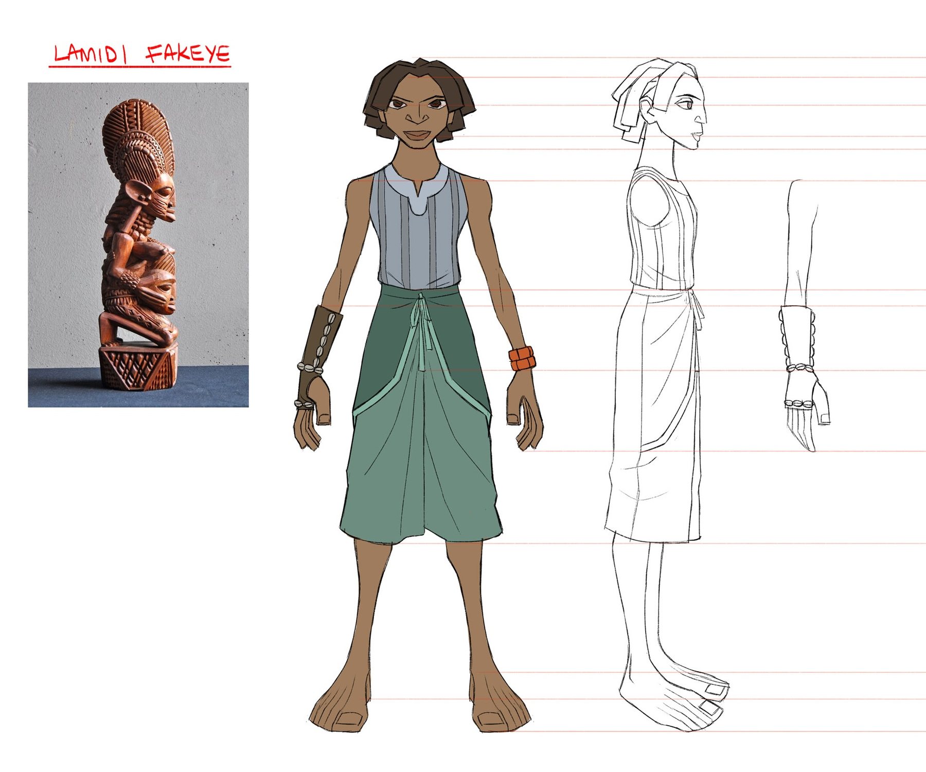 Biyi's model sheet: colour front view and line profile on height guides, with a forearm detail.