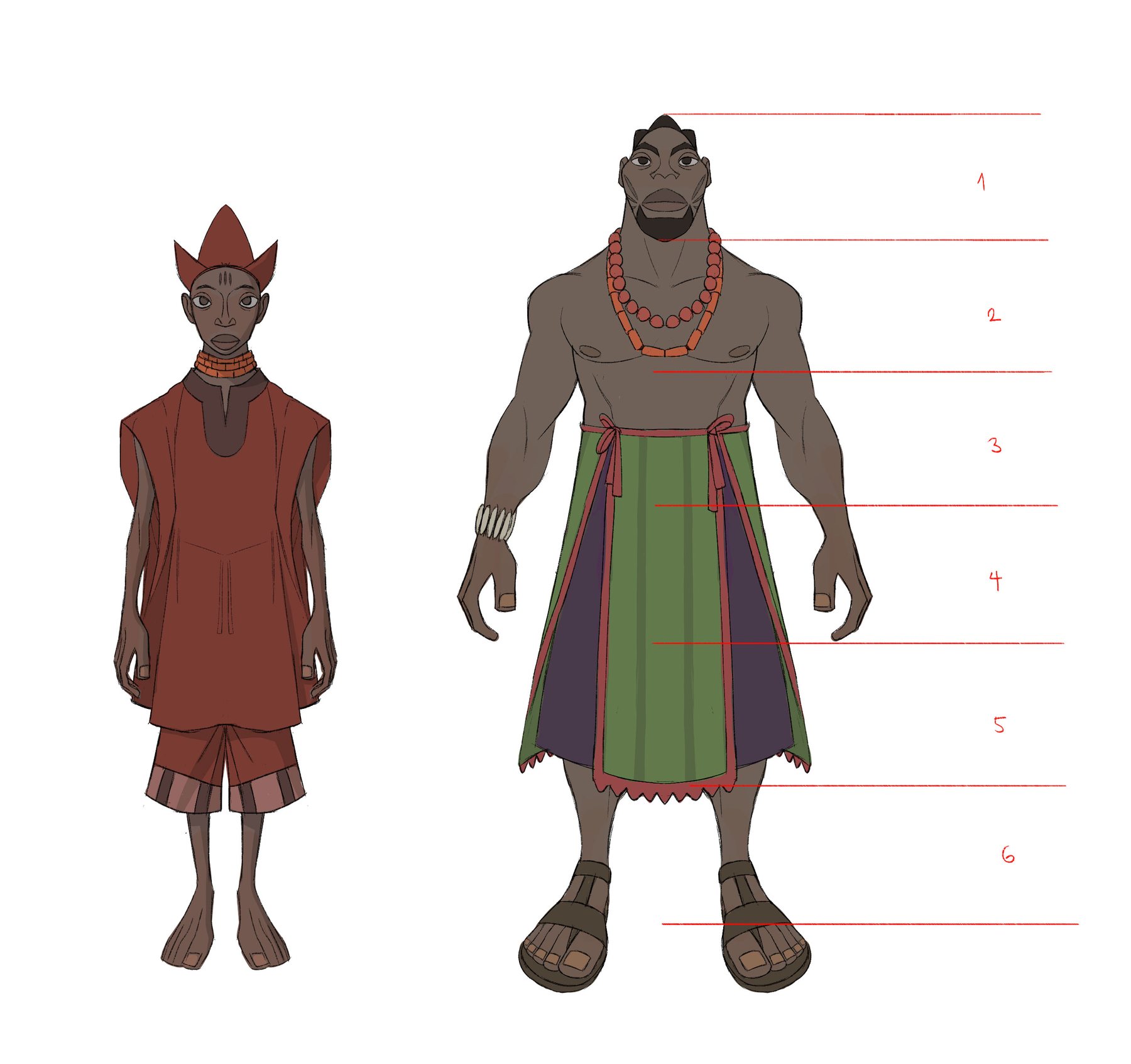 A boy in a red tunic and a bearded man in a green and violet wrapper, against a height chart.
