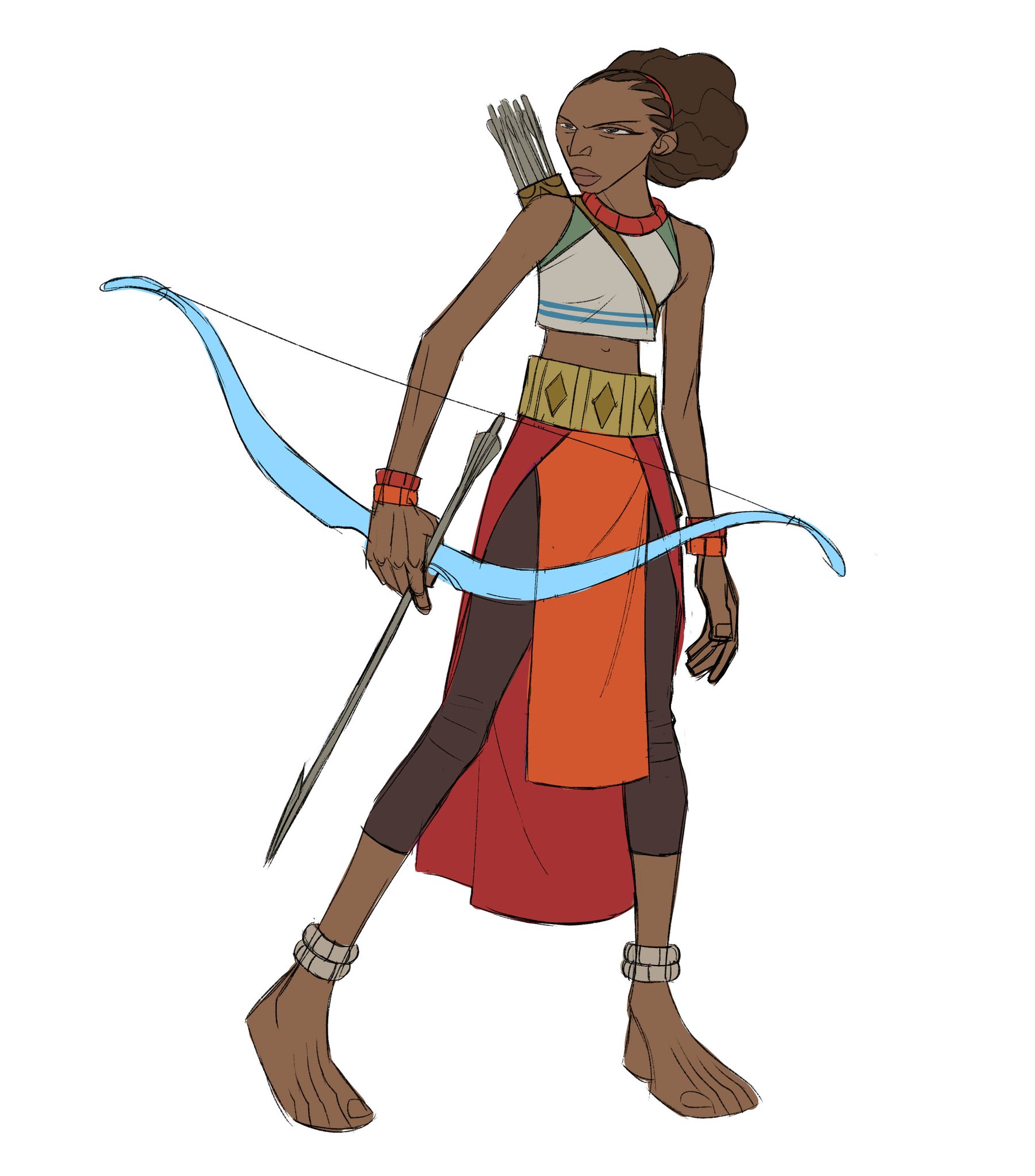The archer drawn full length with a blue bow and a quiver.