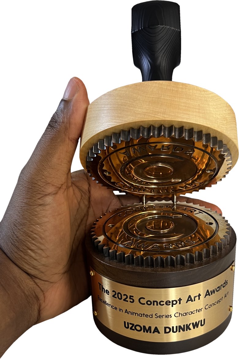 A hand holding the 2025 Concept Art Awards trophy, its plate engraved: Excellence in Animated Series Character Concept Art, Uzoma Dunkwu.