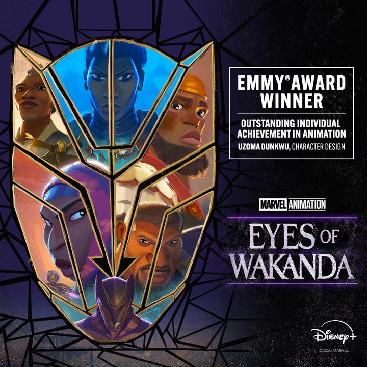 Marvel Animation's Eyes of Wakanda Emmy card: six characters set into a Black Panther mask, beside the words Emmy Award Winner, Outstanding Individual Achievement in Animation, Uzoma Dunkwu, Character Design.