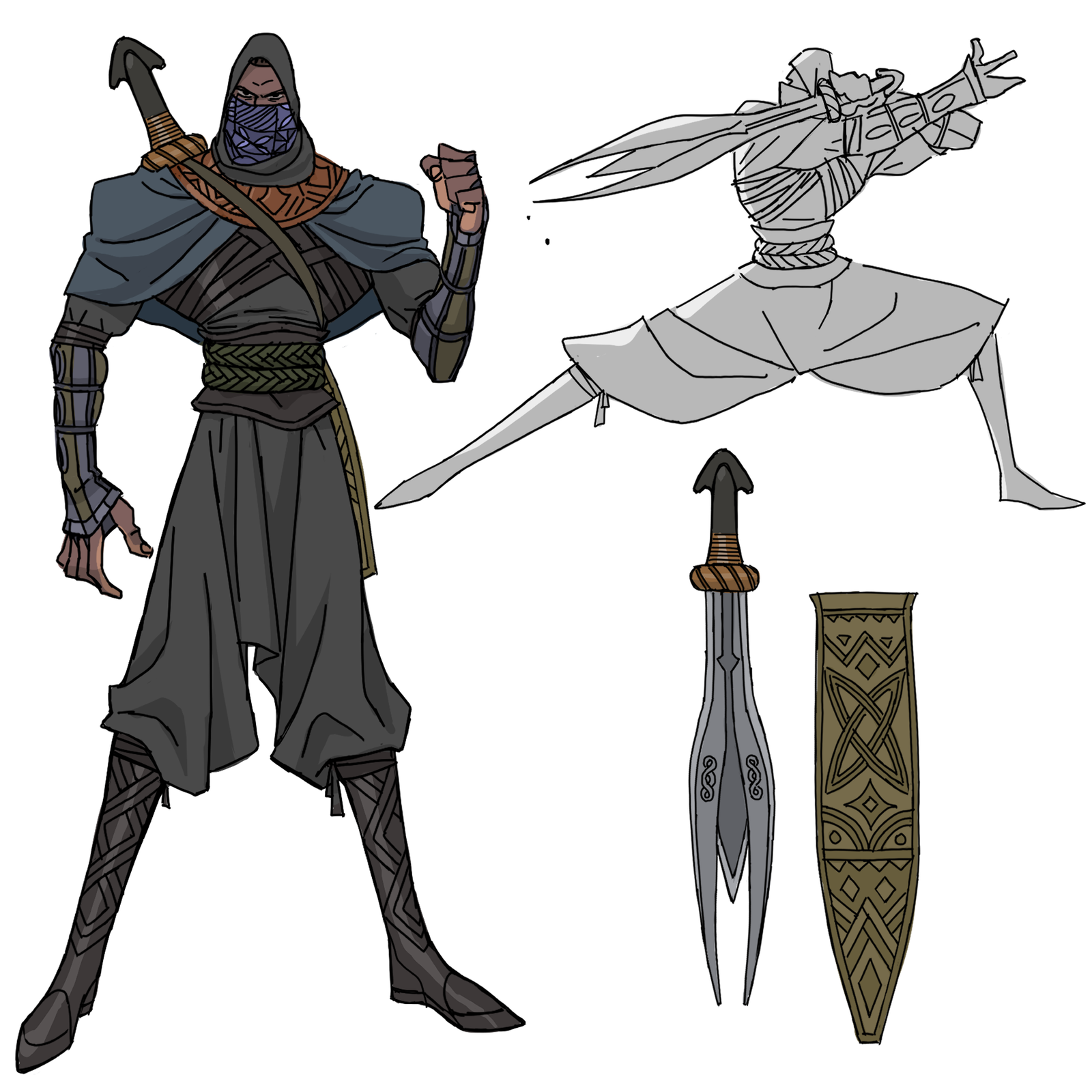 A hooded warrior in a blue cape, a grey action study, a forked blade and a tooled sheath.