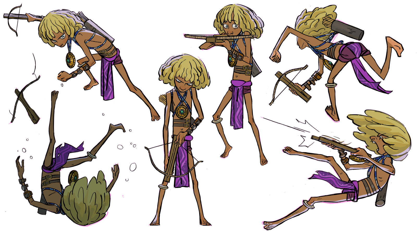 A blond-braided pirate boy in seven action poses with a bow.