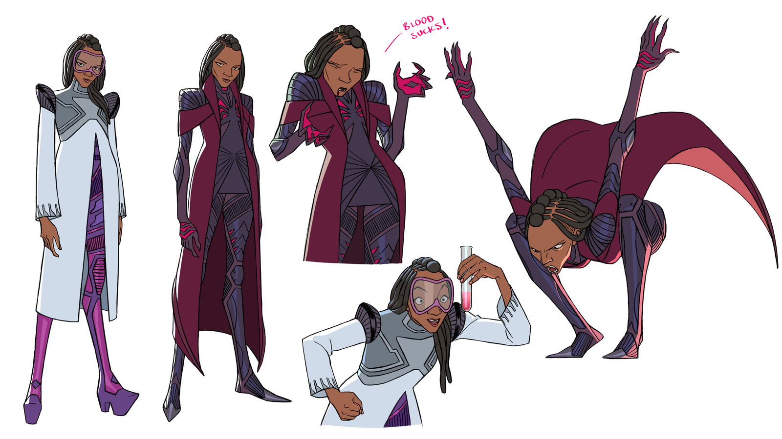 A scientist in a white lab coat, and the same woman as a crimson-caped vampire with a bat form.