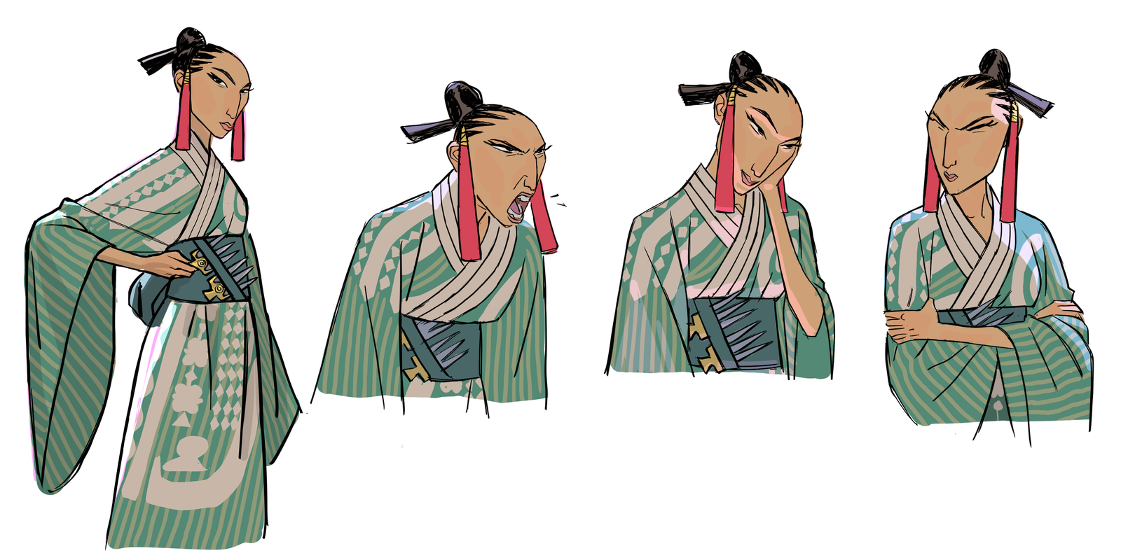 A woman in a green patterned kimono with hair sticks and a red ribbon, in four expressions.
