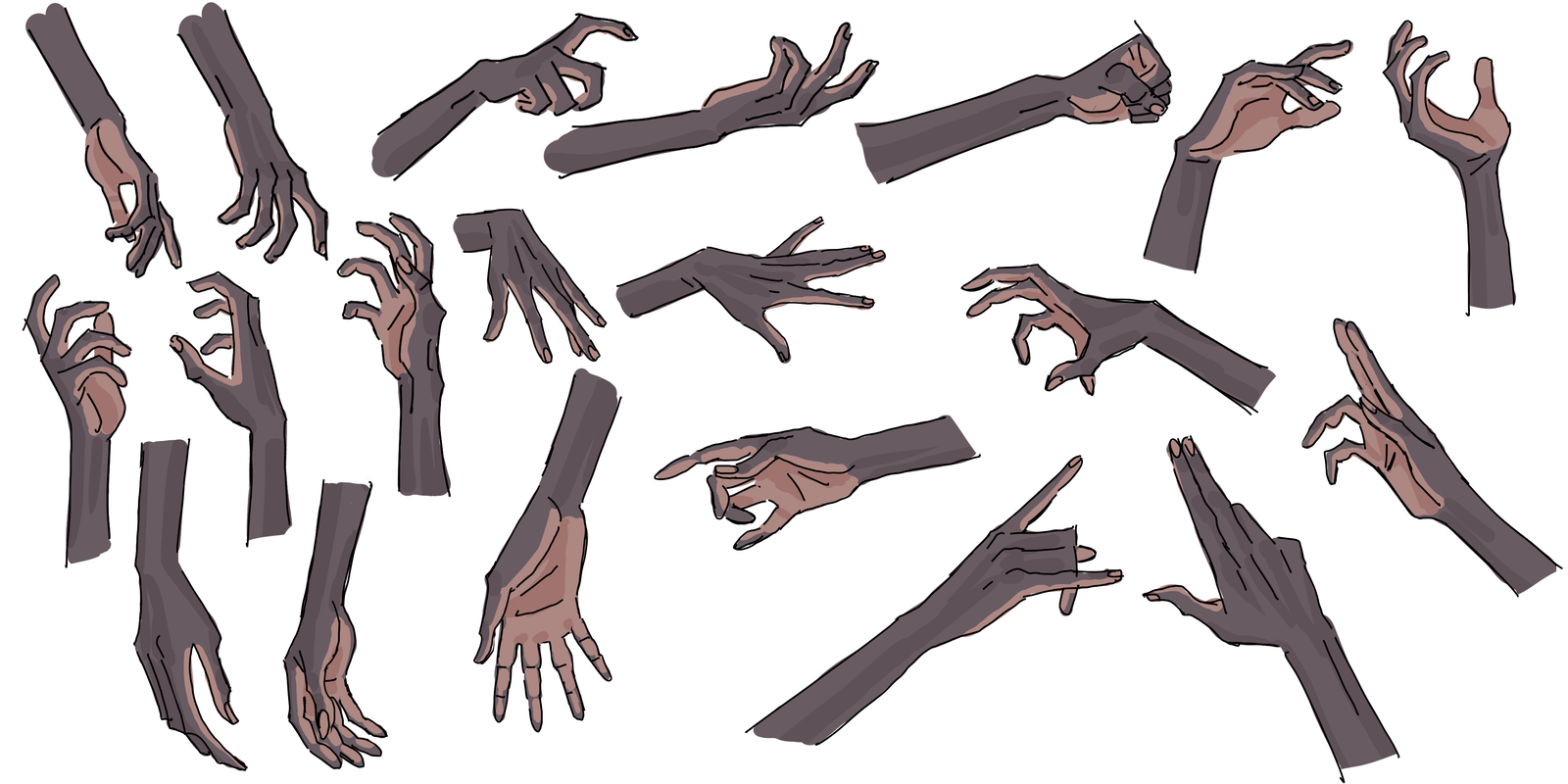 Nineteen hand studies in flat warm greys.