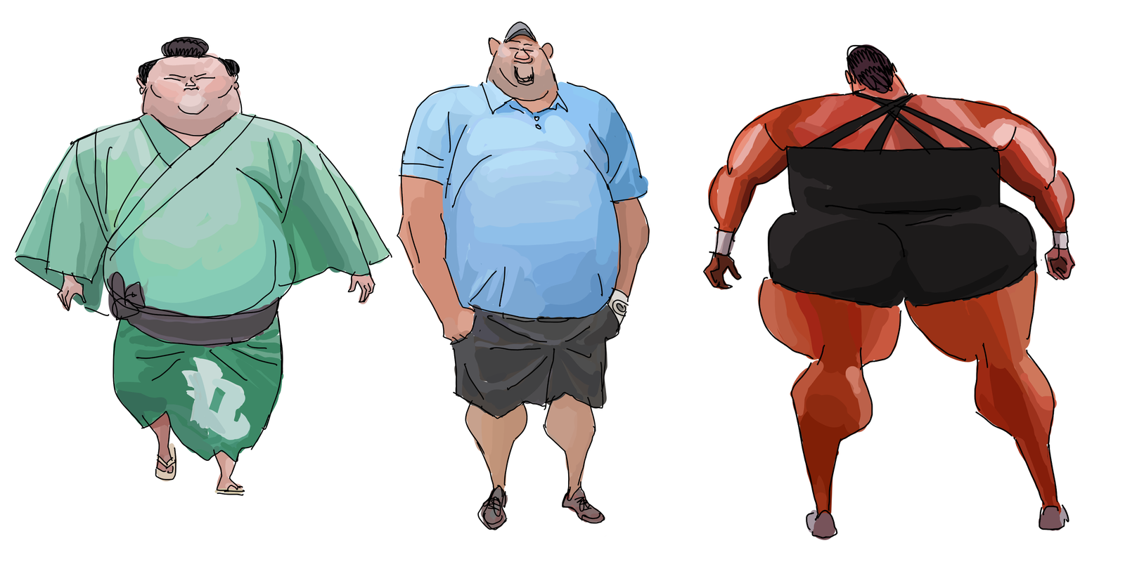 A sumo wrestler in a green yukata, a heavyset man in a blue polo, and a muscular figure from behind.