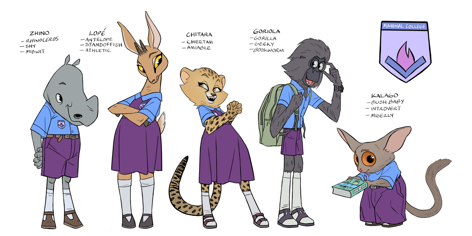 A rhino, antelope, cheetah, gorilla and bush baby in school uniforms, with handwritten notes.