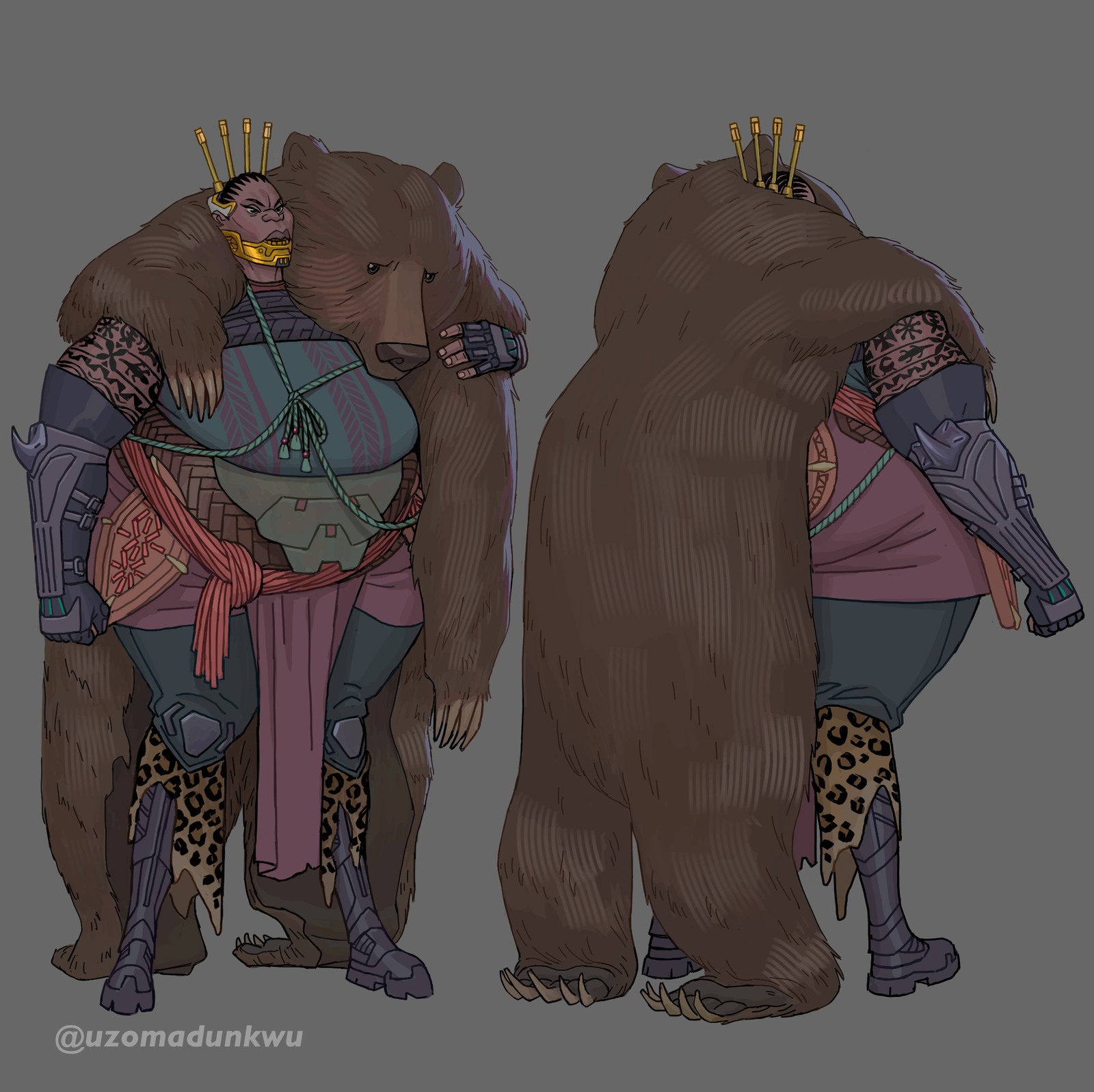 A heavyset woman wearing a bear pelt as a cloak, its head resting on her shoulder, with gold pins in her hair, a gold jaw guard, an armoured forearm and leopard-print panels — front and back views.