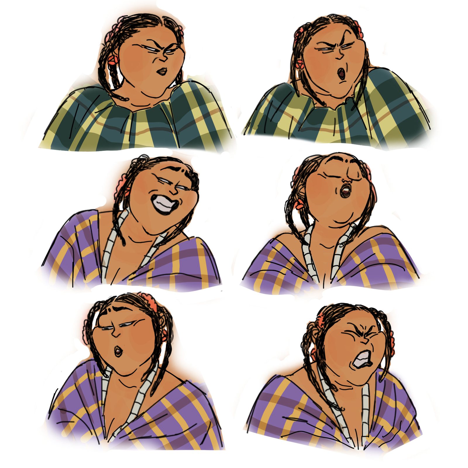 Six expression studies of a woman in plaid and violet.
