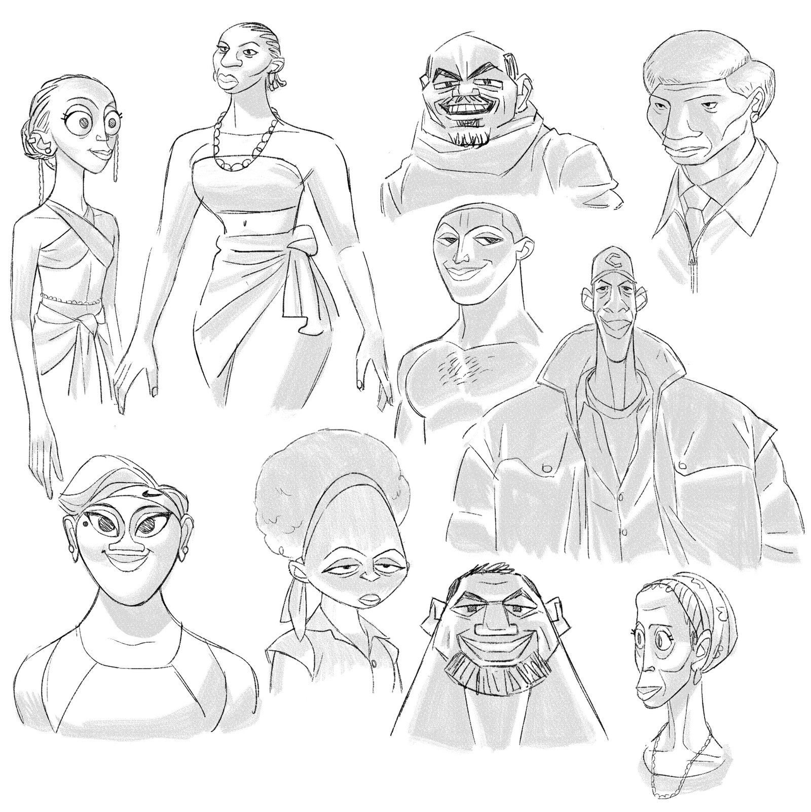 A page of pencil heads and figures.