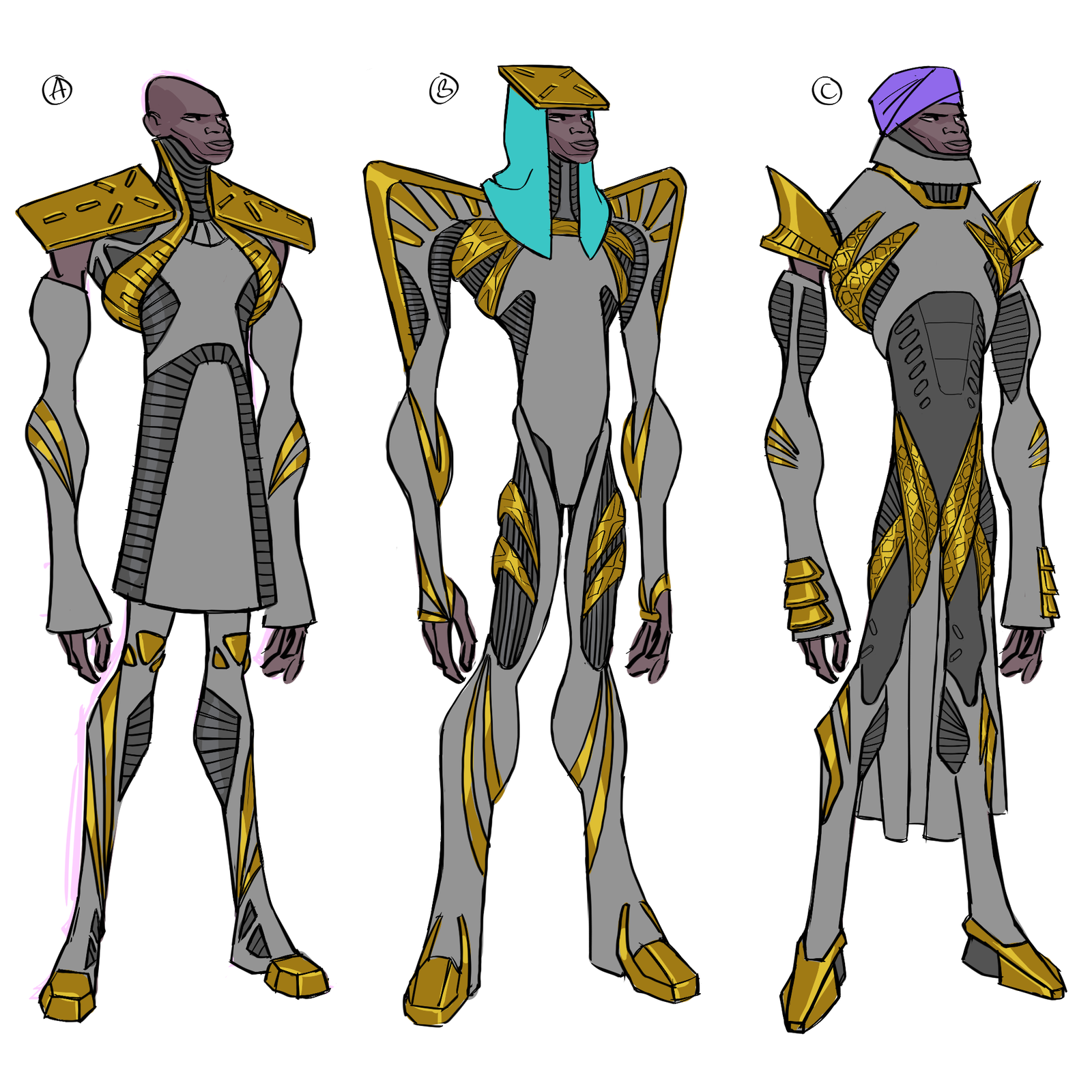 Three variants of a tall figure in grey armour with gold winged shoulders and a crested helm.