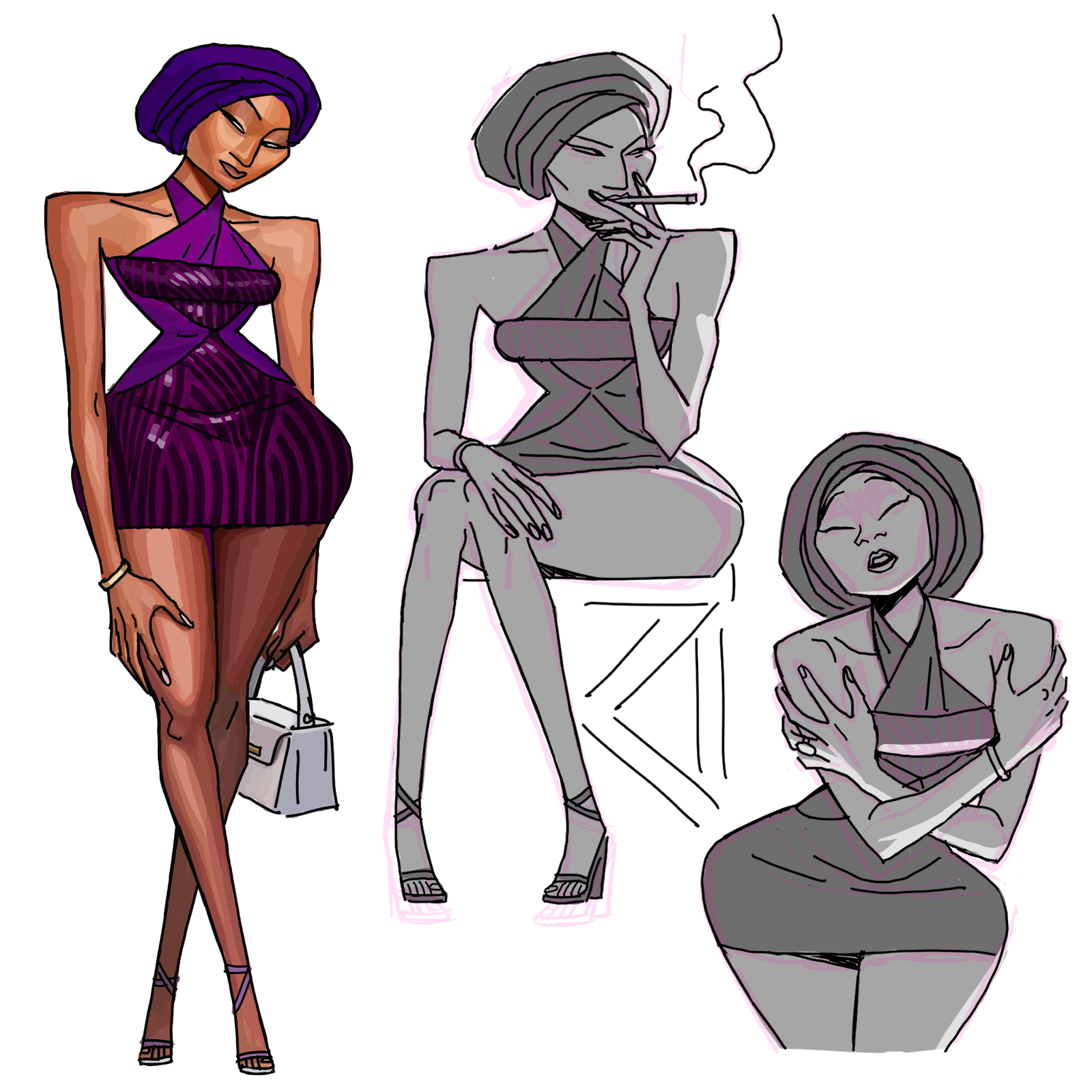 Three stylised women: one in a purple dress, one smoking, one seated.